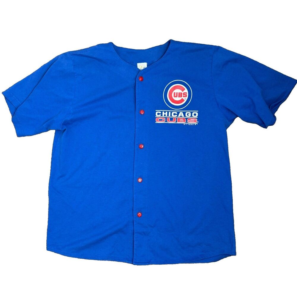 Vintage MLB Chicago Cubs 1992 Button Down Blue Jersey Red Buttons Size XL